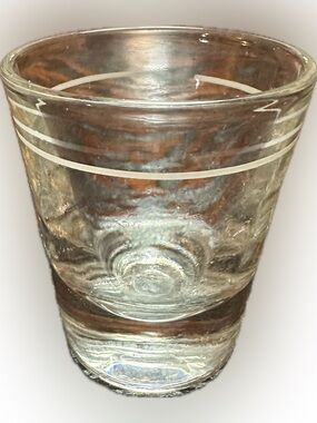 VTG SHOT GLASS CLEAR W/ WHITE FILL LINE BAR DRINK WHISKEY TEQUILA PARTY QUARTERS